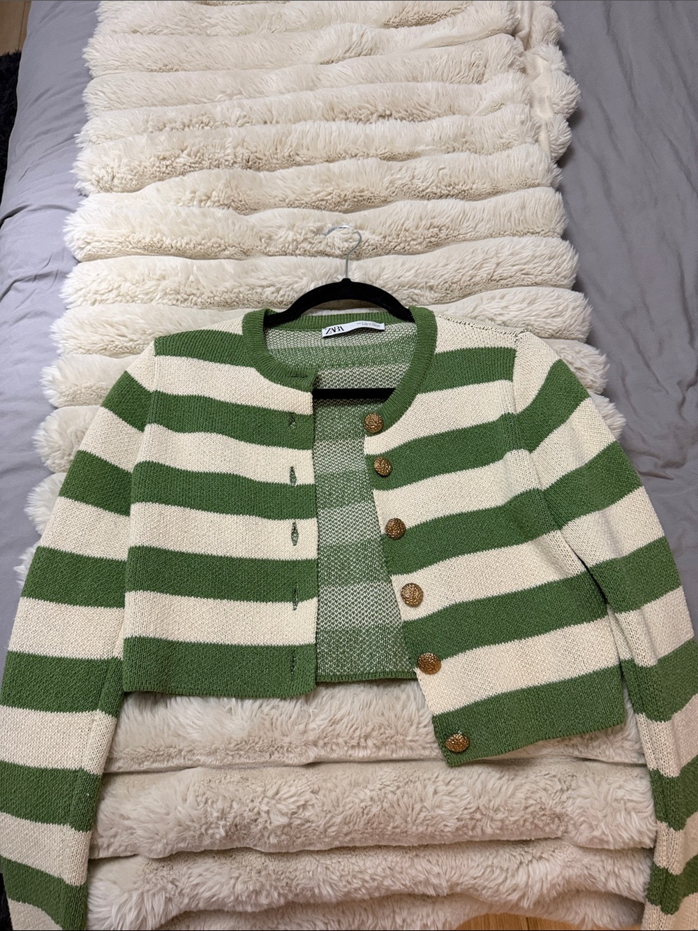 Zara Green and Cream Striped Cropped Cardigan with Gold Buttons